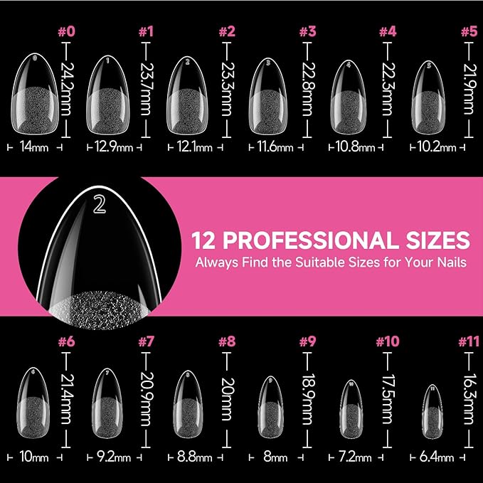 UNA GELLA 504Pcs Medium Pointed Almond Nail Tips, Pre-shape Almond Gel Nail Tips Half Matte Full Cover Acrylic Clear Press on Fake Nails Tips for Nail Extension Nail Art DIY Salon 12 Sizes