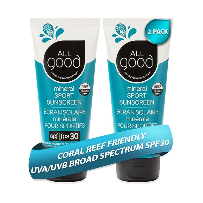 All Good Sunscreen - Sport Mineral Sunscreen Lotion, Reef Friendly, SPF 30+ for Face & Body, Water & Sweat Resistant, 2-pack (3 oz)