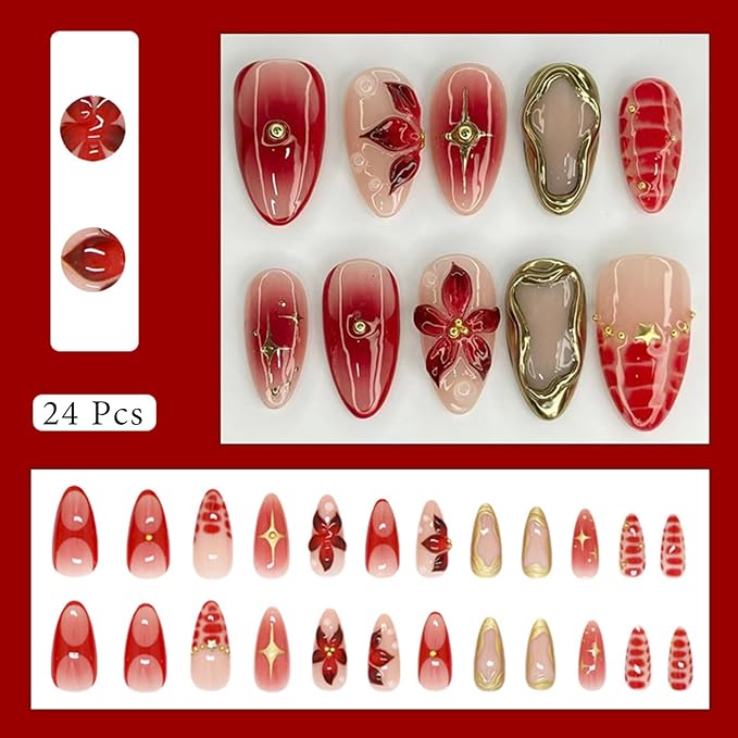 24Pcs Red Flower Press on Nails Medium Almond Fake Nails with 3D Floral Beads Designs Full Cover Acrylic False Nail Tips Tortoise Shell Gold Star Glue on Nails for Women Manicure Kit