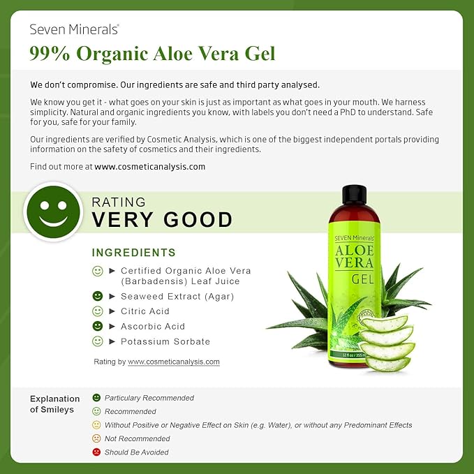Seven Minerals Aloe Vera Gel - 99% Organic, Big 12 oz - NO XANTHAN, so it Absorbs Rapidly with No Sticky Residue - made from REAL JUICE, NOT POWDER