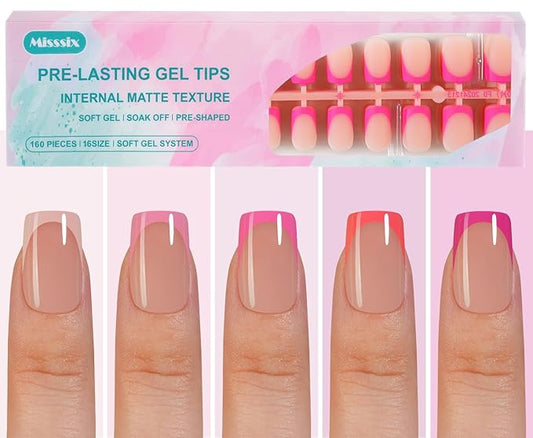 Misssix French Gel Nail Tips, 160Pcs Pink French Tip Press on Nails Short Square, No Need to File Tips Pre-lasting, Fake Nails for Nail Art DIY 16 Sizes