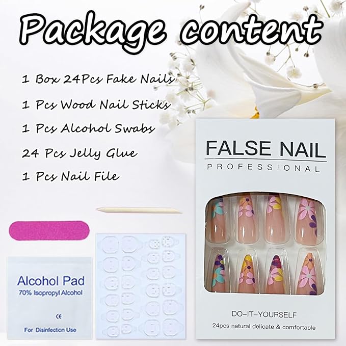 24 Pcs Nude Pink Press on Nails Long Stiletto With Daisy Flower Tips - Glue on Colorful Dopamine Exquisite Design Glossy Acrylic Almond False Nails for Women Summer Nail Art