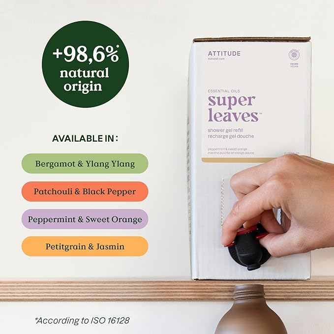 ATTITUDE Body Wash with Essential Oils, EWG Verified Shower Gel, Dermatologically Tested, Plant and Mineral-Based, Vegan Personal Care, Peppermint and Sweet Orange, Bulk Refill, 67.62 Fl Oz