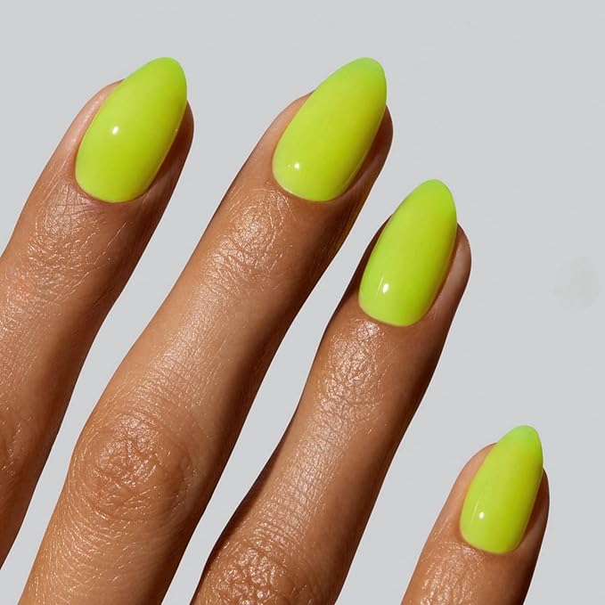 Neon Green Press on Nails Short Almond Fake Nails Press ons Neon Thick Solid Color Glue on Nails Short False Nails Medium Almond Nails Oval Round Shaped for Women 24Pcs