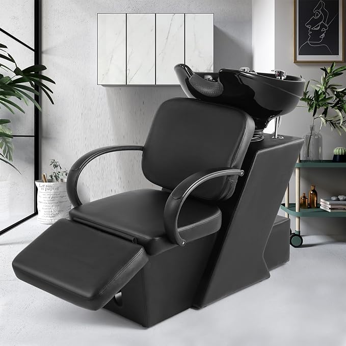 Artist hand Shampoo Bowl, 47" Ceramic Bowl Chair Adjustable Backwash Shampoo Station Footrest Salon Equipment
