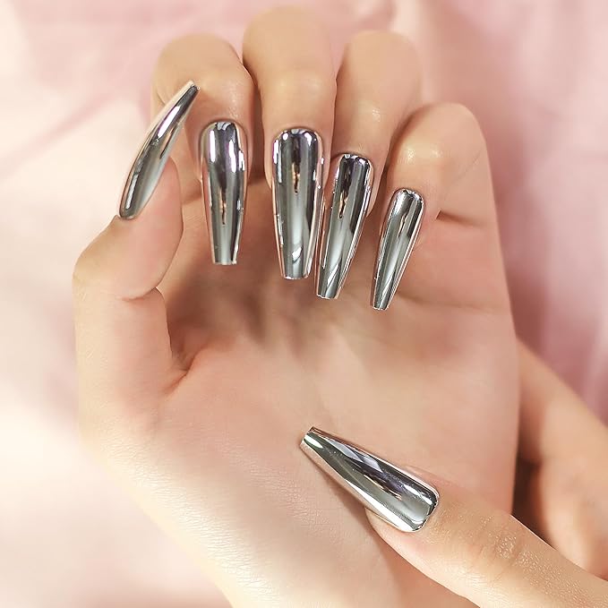 Super Long Shiny Punk Style Silver Coffin Ballerina Press on False Nails Metallic Acrylic Nails Reflective Mirror Nail Art Tips for party show