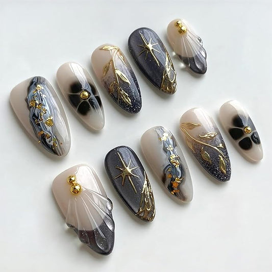 24Pcs Flower Press on Nails Medium Almond French Tip Fake Nails Night Sky with Gilding Star Leaves Design 3D Gold Gems False Nails Full Cover Artificial Glue on Nails Handmade Stick on Nail for Women