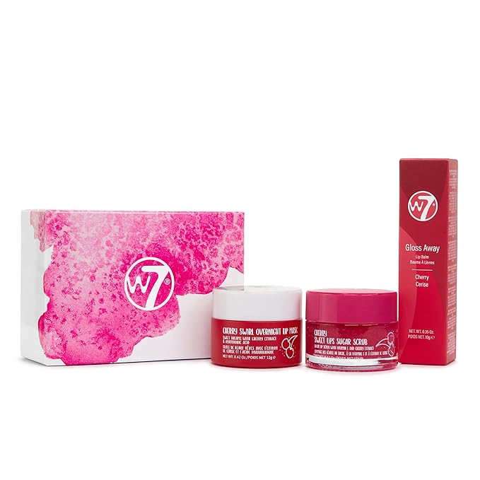 W7 Sweet Dreams Lip Care Trio - 3 Piece Gift Set - Overnight Lip Mask, Lip Balm & Lip Scrub - Cherry