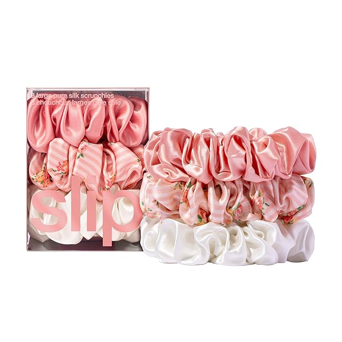 Slip Silk Scrunchies - Petal - 100% 22 Momme Mulberry Silk, Large Hair-Friendly Elastic Set for Women (3 Luxurious Scrunchies)