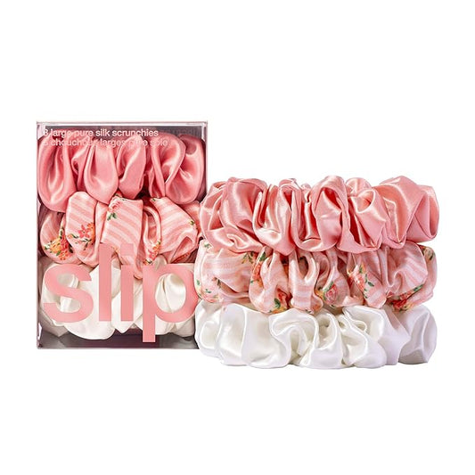 Slip Silk Scrunchies - Petal - 100% 22 Momme Mulberry Silk, Large Hair-Friendly Elastic Set for Women (3 Luxurious Scrunchies)