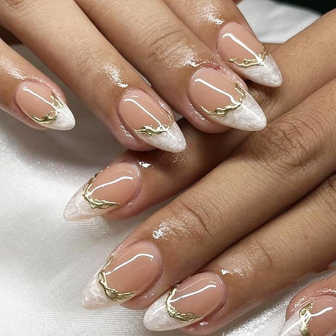 3D Gold Curve Press on Nails 24Pcs Irregular Lines Gel Glue on Fingernails Acrylic Full Cover Fake Nails Glossy Silver French Stick on Nail Sparkly Medium Almond False Nail for Holiday Manicure Art