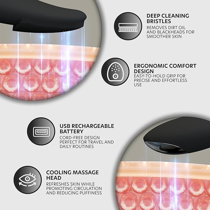 ChargeWorx Groom Essentials Rechargeable Silicone Face Scrubber, Sonic Face-and-Eye Massager, Pore-Cleansing Brush, IPX5 Water-Resistant, Battery Operated with USB Charging Cable, Black