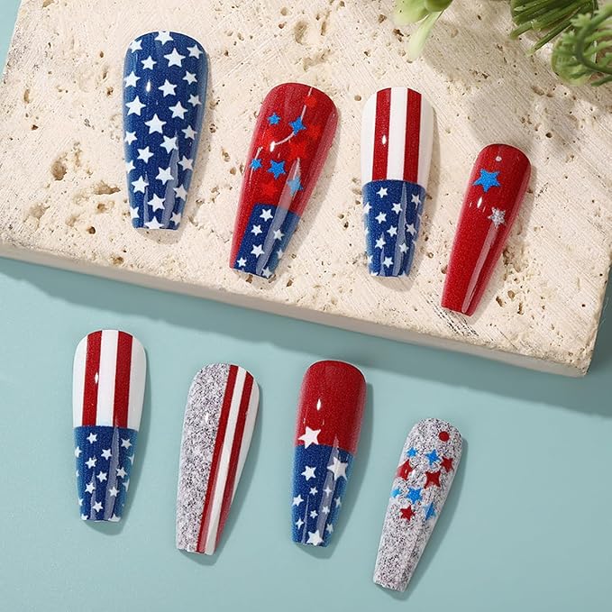 Independence Day Press on Nails Long Square Fake Nails Red Blue Star Stripe Design 4th of July False Nails Glitter Stick on Nail Gradient Glue on Nail for Women Holiday Decoration Art Nail Supplies