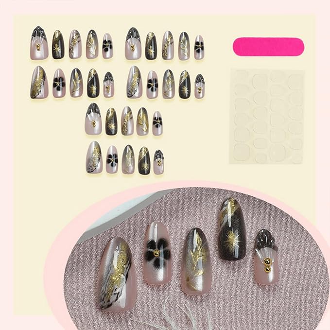24Pcs Flower Press on Nails Medium Almond French Tip Fake Nails Night Sky with Gilding Star Leaves Design 3D Gold Gems False Nails Full Cover Artificial Glue on Nails Handmade Stick on Nail for Women