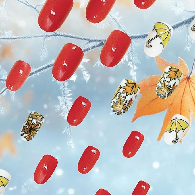 24Pcs Maple Leaf Press on Nails Fall Leaves Stick on Fingernails Glossy Yellow Umbrella Acrylic Fake Nail Thanksgiving Medium Almond False Nails Autumn Gel Glue on Nail for Coquette Women Girls