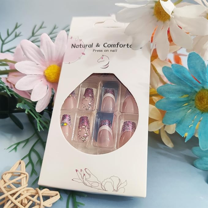 24Pcs French Tips Press on Nails Glossy Purple Glitter Medium Coffin False Nail Rhinestones Acrylic Full Cover Fake Nails Curve Gel Glue on Fingernails Sequin Stick on Nail for Holiday Manicure Art