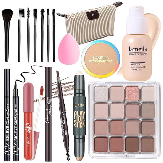 Makeup Set Full Kit for Girls Teens Women, Makeup Present Set, Includes Eyeshadow, Foundation, Blusher, Eyebrow Pencil, Mascara, Eyeliner, Brushes, Lip Gloss, Sponge, Cosmetic Bag