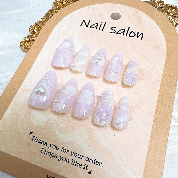 24pcs Flower Press on Nails Medium Almond Fake Nails with 3D White Swan Pearl Designs Cute False Nails Bow Heart Glue on Nails Full Cover Acrylic Nails Stick on Nails for Women Nail Decoration