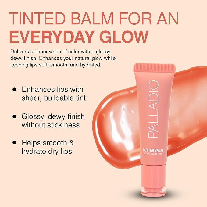 Palladio Butter Balm - Hydrating Lip Balm with Sheer Tint, Aloe, Peptides, Shea Butter, and Vegan Formulation for Instant Moisture, Shine, and Soothing Lip Care, Peaches & Cream