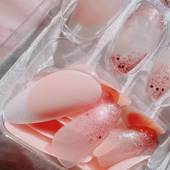 French Tip Press on Nails Medium Length Square - French Manicure Press on Nails Starry Sky Sparkly Design,False Nails high-end feeling Flashing pink Glossy Reusable Stick on Nails Medium French Nails