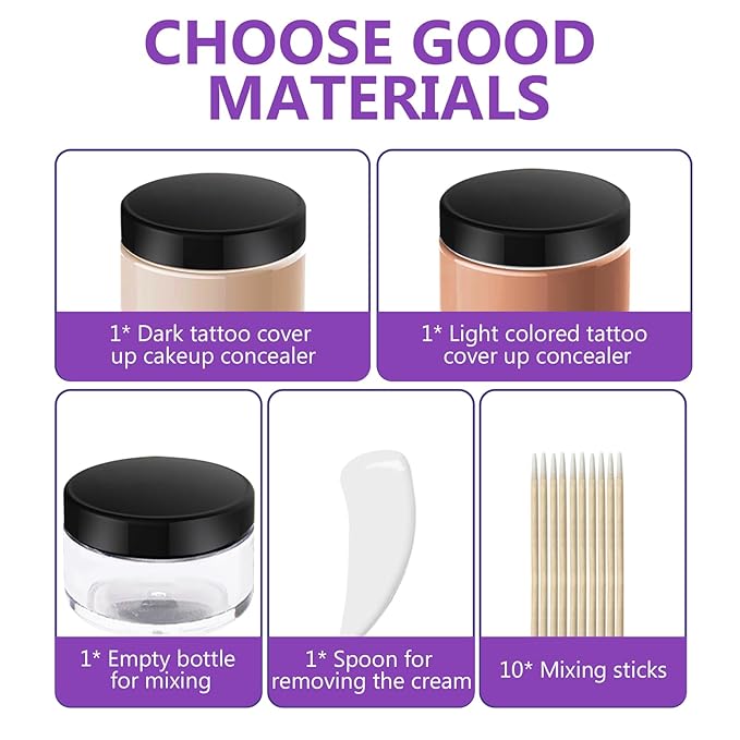 Tattoo Cover Up Makeup Waterproof, Sweatproof Tattoo Cover Up Concealer, Long-Lasting for Tattoos, Vitiligo, Spots, Scars, Invisible Skin Concealer, 2 Colors