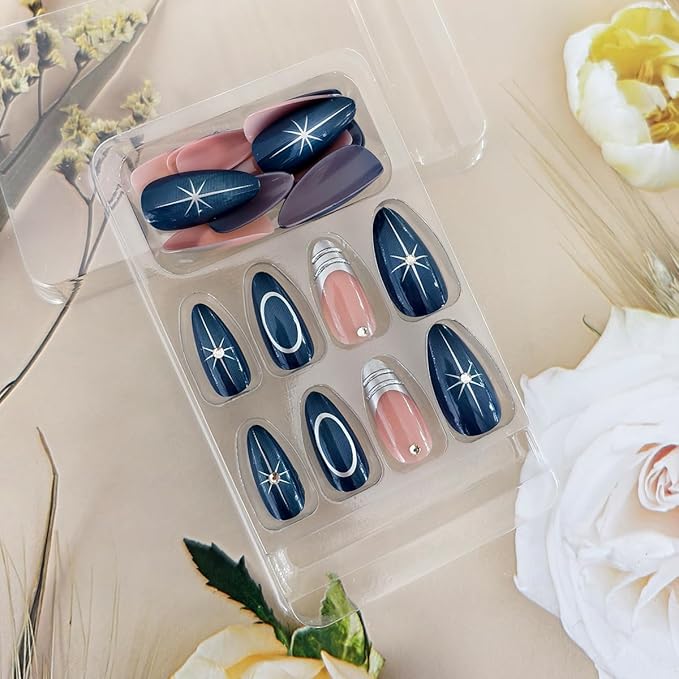 24Pcs Almond Press on Nails Short Fake Nails with Star Designs Gradient Blue Acrylic Nails Silver French Tip Glue on Nails with Rhinestones Metallic Style 3D Nails Press ons False Nails for Women