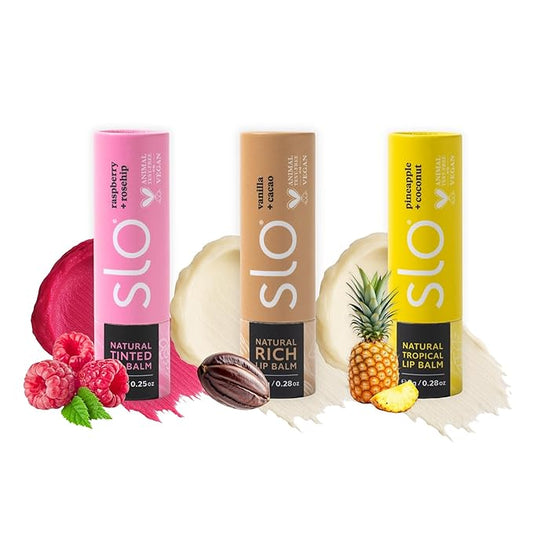 Slo | Natural Lip Balm - All Natural Ingredients, Vegan & Cruelty Free, Hydrating & Soothing, Plastic Free | Raspberry + Rosehip & Vanilla + Cacao & Pina Colada + Zinc | 3 Pack (3 x 0.28oz/8g)