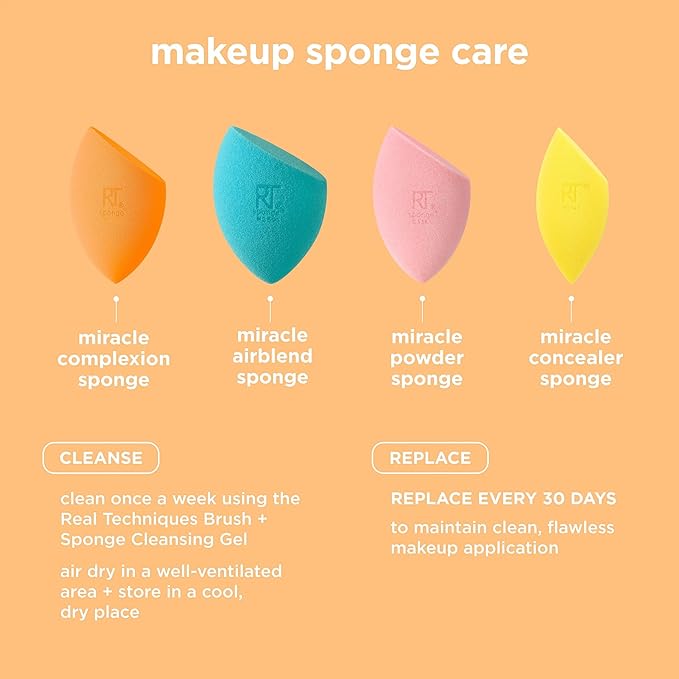 Real Techniques Miracle Complexion Sponge + Concealer Sponge Duo, Makeup Blending Sponges For Foundation & Concealer, Offers Light To Medium Coverage, Natural, Dewy Makeup, Latex-Free Foam 2 Count