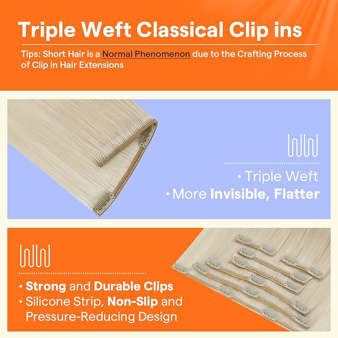 Full Shine Hair Extensions Clip in Human Hair Ice Blonde 12 Inch Clip in Hair Extensions Real Human Hair Short Invisible Blonde Extensions Full Head 7 Pcs 95 G