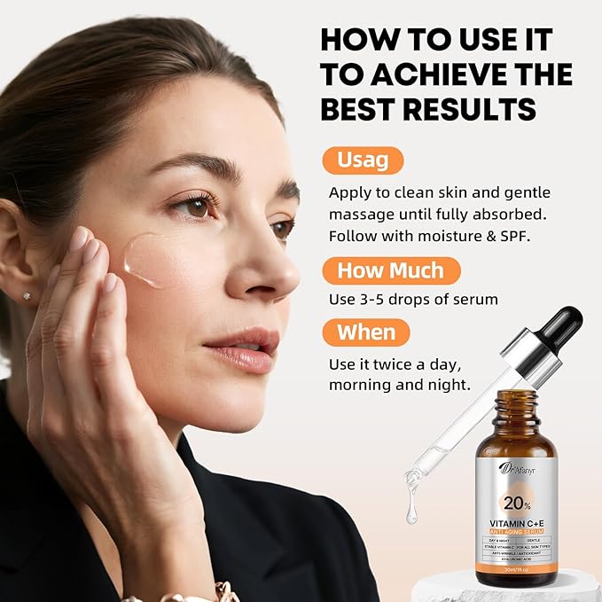 Vitamin C Serum for Face with Hyaluronic Acid & Vitamin E - Brightening Anti-Aging Serum to Help Improve Appearance of Dark Spots for Sensitive Skin, Hydrates Firms Lifts and Smooths Wrinkles