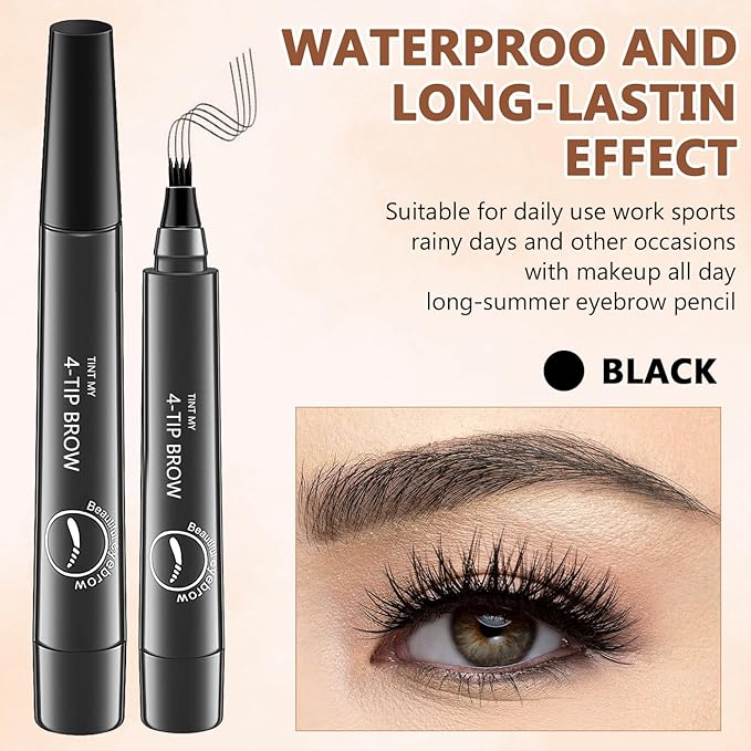 2Pcs Magic Microblading Eyebrow Pencil, 4-Tip Brow Pencil with Micro-Fork Tip, 3D Waterproof Microblading Eyebrow Pen, Eyebrow Tattoo Pen for Natural Makeup (Black)