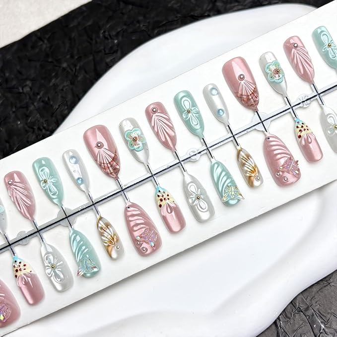 French Tip Press on Nails Medium Almond Nails Tip 3D Butterfly Fake Nails Reusable Cute Flower Acrylic Nails Gem Rhinestones False Nails with Water Ripples Design for Women Manicure Accessories 30Pcs