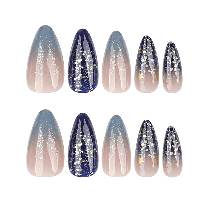Press On Nails Spring Acrylic Nails for Women - Starry sky Designer Fake Nails Medium Almond 24PCS, Glossy Soft Gel with Glue, Outdoor Picnic/Wedding/Party Reusable Stick On Nails Gift