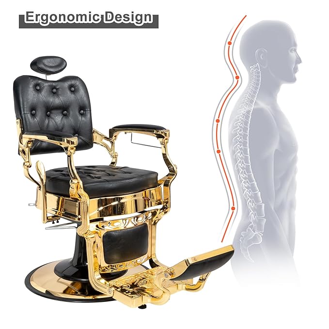 Winado Heavy Duty Vintage Recline Barber Chair Hydraulic with Headrest, Supports up to 700lbs & 360° Rotatable, Professional Salon Beauty Spa Shampoo Equipment (Gold - Square Backrest)