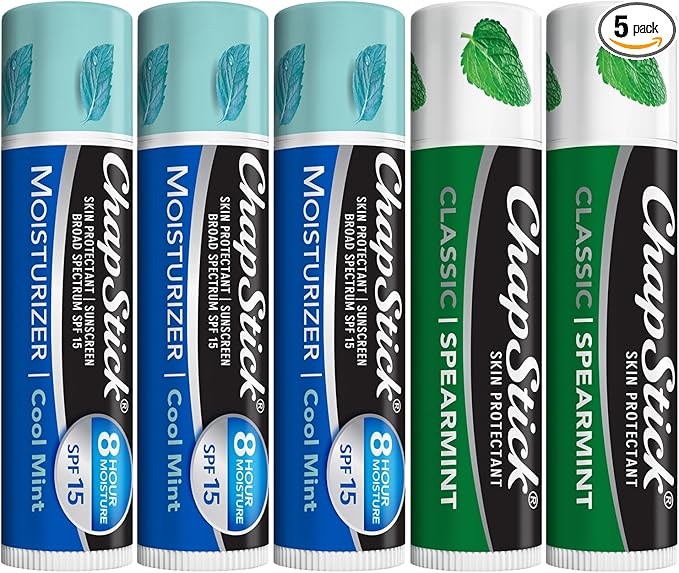 ChapStick Moisturizer 2-in-1 Lipcare SPF 15 Cool Mint 3-Pack + Classic Spearmint Lip Balm 2-Pack, 0.15 Oz Ea (5 Piece Set)