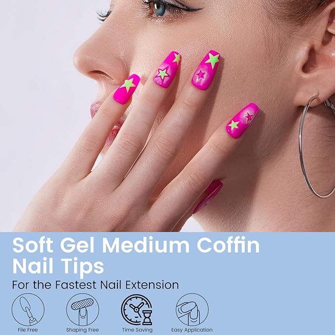 Nail Tips Medium Coffin: 504PCS Soft Gel Medium Coffin Press On Nails, 12Sizes Pre-shaped Acrylic Nail Extension Full Cover for Girls Women Home Salon