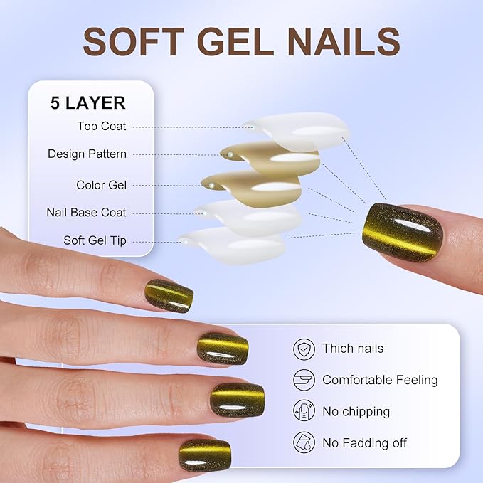 Misssix Cat Eye Press On Nails, 150Pcs Short Square Cat Eye Nail Tips, Glossy Glitter Soft Gel Stick On Nails, Reusable Fake Nails for Nail Art DIY 15 Sizes