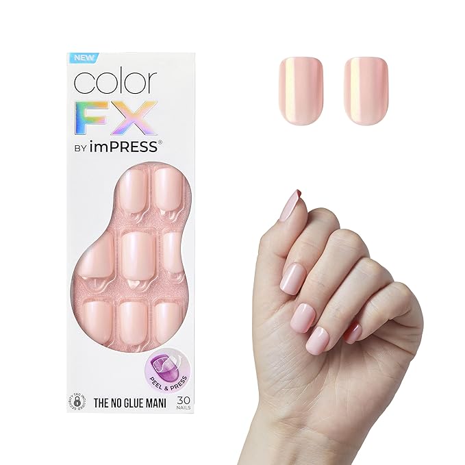 KISS imPRESS No Glue Mani Press On Nails, Color FX, 'Good Mood', Light Pink, Short Size, Squoval Shape, Includes 30 Nails, Prep Pad, Instructions Sheet, 1 Manicure Stick, 1 Mini File