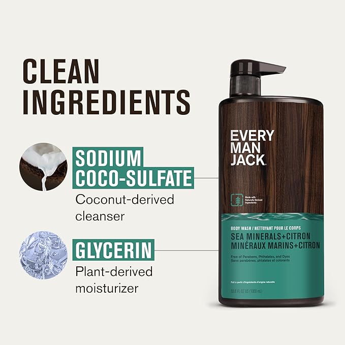 Every Man Jack Men’s Hydrating Body Wash for All Skin Types - Cleanse and Hydrate Skin with Naturally Derived Marine Extracts, Coconut Oil, and a Sea Minerals + Citron Scent - 33.8 fl. oz. - 2 Bottle