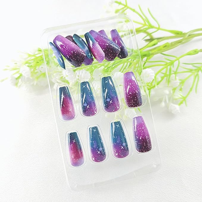Coffin Press on Nails for Women Fake Nails Starlit Sky Nail Press ons Purple Dark Blue Acrylic Glue on Nails Medium with Star Gradient Designs Glossy Stick on Nails 24Pcs Artificial Girls Art Manicure