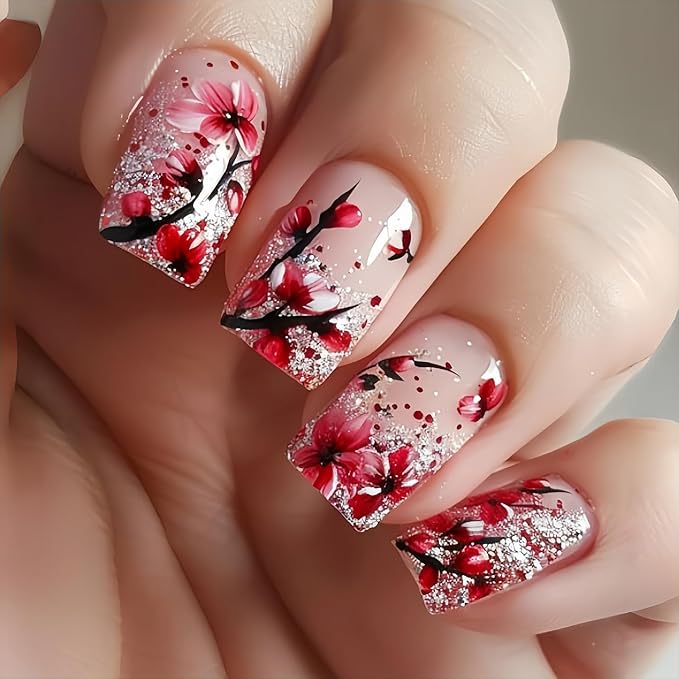 24Pcs Flower Press on Nails Medium Square Fake Nails Pink Full Cover Artificial Glue on Nails Spring Summer False Nails Reusable Nail Supplies Silver Glitter Stick on Nails for Women Girls Nails Kit