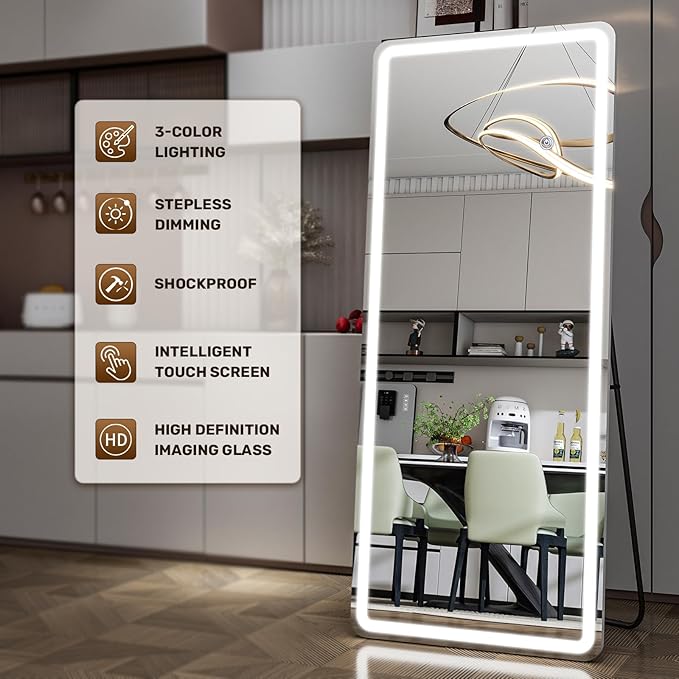 26x68 inch Full Length Mirror with Lights, LED Lighted Floor Standing, Hanging Mirror Full Length with Stand Free, Full Body Dressing Mirrors with Dimmable 3 Color LED