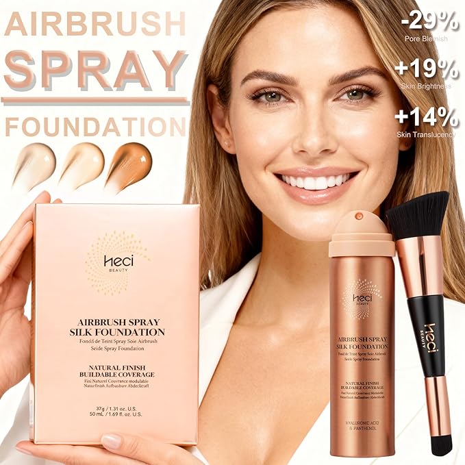 Magic Minerals AirBrush Foundation with Nanoscale Powder - HECI BEAUTY Flawless Finish Makeup,Silk Airbrush Spray & Kabuki Brush - Anti-Aging Ingredients for Smooth Radiant Skin,Light Meuium Sand