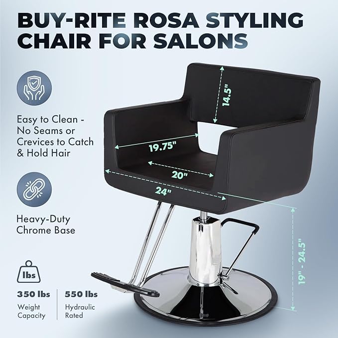 Buy-Rite Rosa Styling Chair for Professional Salons & Barbers - Black Crocodile Vinyl, 23" Chrome Base, Hydraulic Pump, Seamless Design, T-Bar Footrest, Wide Seat with Low-Cut Back, YLG-ROSASTYL-BLK