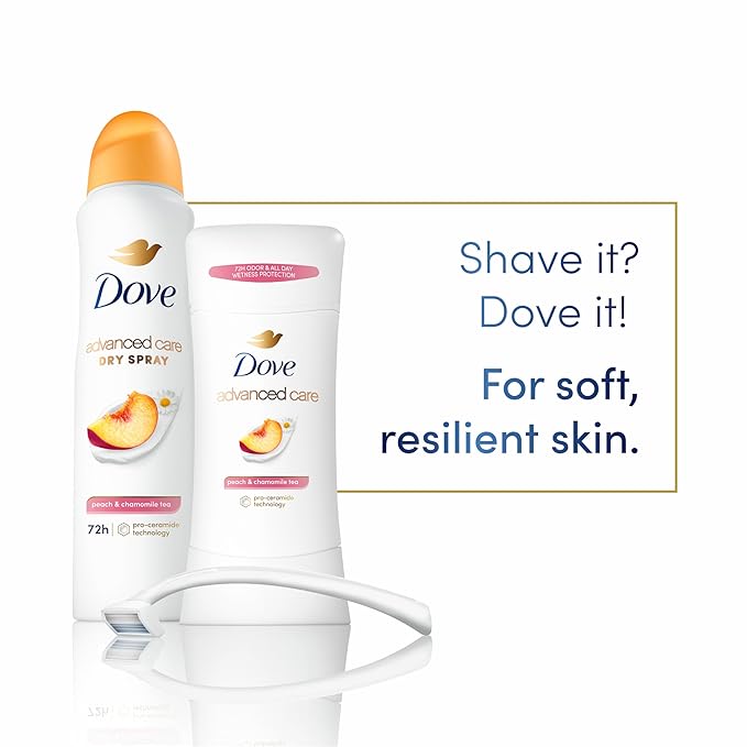 Dove Advanced Care Antiperspirant Deodorant Dry Spray Peach & Chamomile Tea 3ct underarm care boosts skin's ceramide levels 72hour odor control &all-day sweat protection ProCeramide technology 3.8 oz