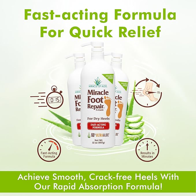 Miracle Foot Repair Cream (32 oz) Repairs Dry Cracked Heels and Feet, 60% Pure UltraAloe Moisturizes, Softens, and Repairs