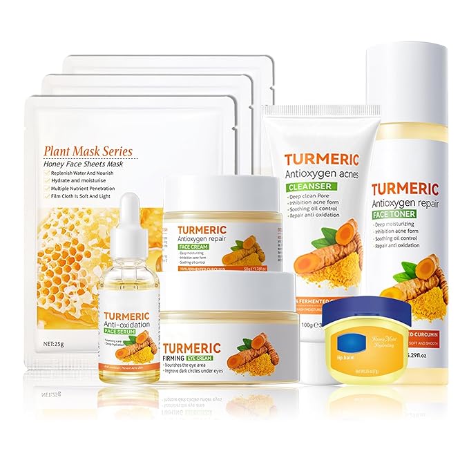 Turmeric Skin Care Set,Facial Kit with Facial Cleanser,Toner,Eye Cream,Face Serum,Honey Lip Balm,Face Cream,Lotion & 3PCS Honey Mask,Travel Skincare Kit for Women (9PCS)