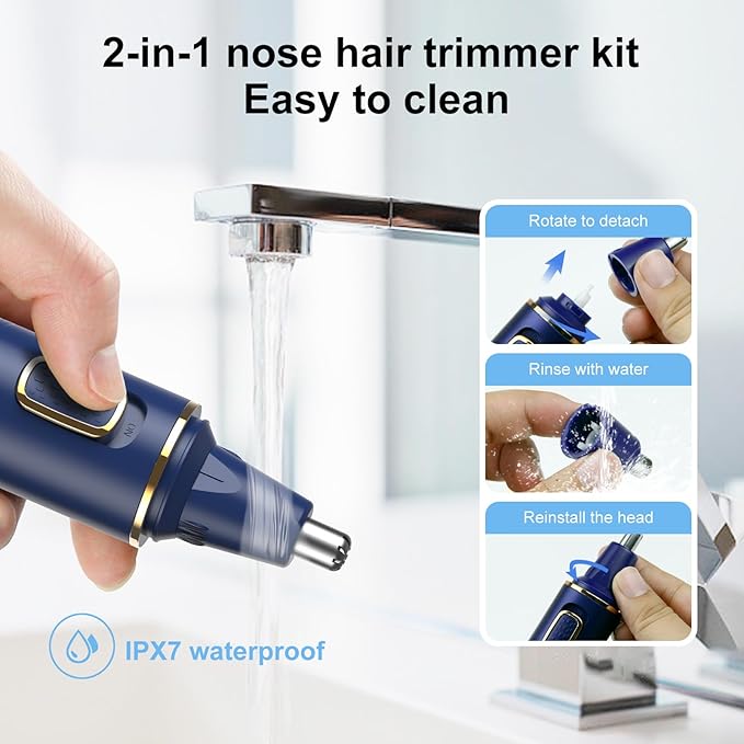 Nose Hair Trimmers for Men，Rechargeable Hair Trimmer 2 in 1 Painless Multifunctional Ear and Nose Hair Trimmer with IPX7 Waterproof Dual Edge Blades (Blue)