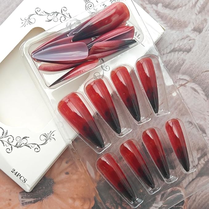 24Pcs Gothic Press on Nails Long Stiletto Fake Nails with Scary Bloody Designs Red Gradient French Tip Press Ons Halloween False Nails Glossy Full Cover Stick on Nails for Women Acrylic Manicure DIY
