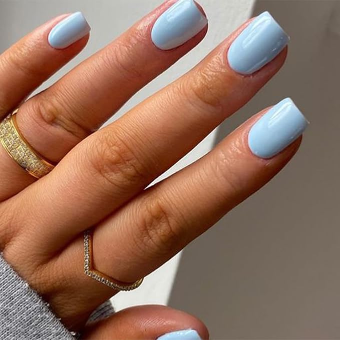 Modelones 32Pcs Baby Blue Press on Nails,Christmas Short Square Fake Nails, Reusable Nail Kit with Nail Glue Adhesive Tabs Mini Nail File, Nails Press Ons 16 Sizes